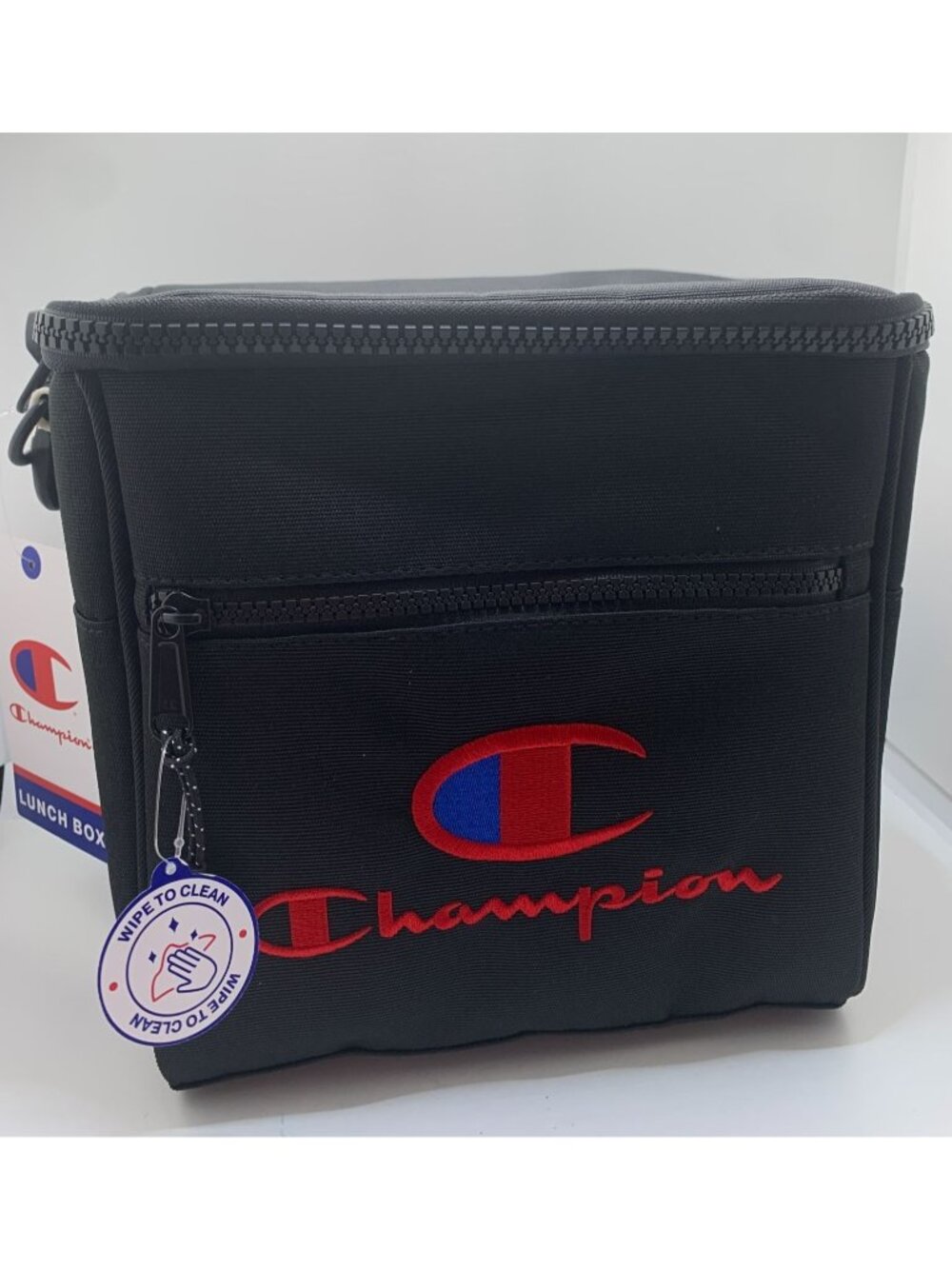 Champion Black Lunch Box With Insulated Interior Front Zipper Pocket & Adjustabl